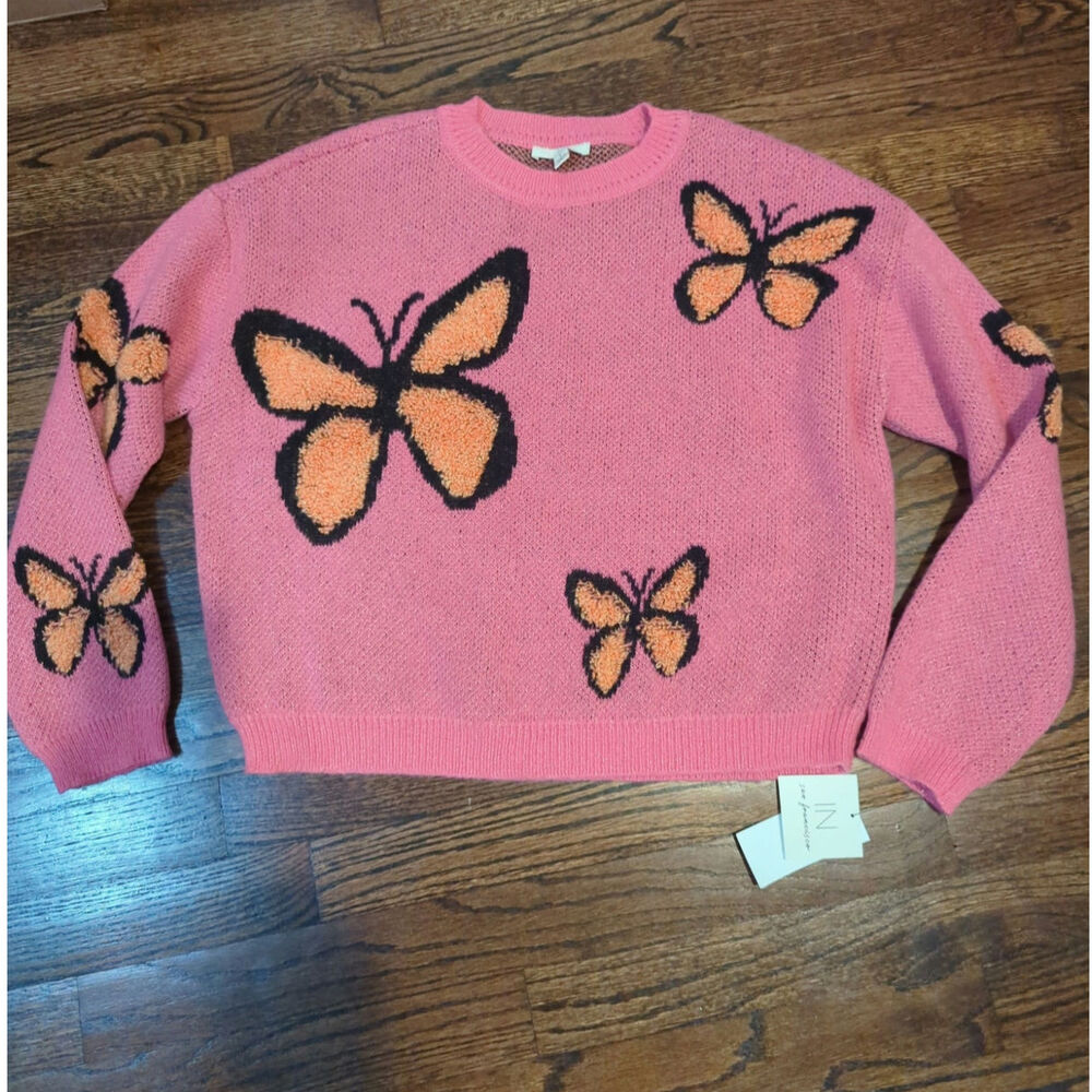 IN San Francisco Pink Butterfly Crewneck Sweater NWT